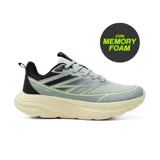 Championes deportivos American Sport modelo Magno, color gris con detalles en negro y verde flúor, entresuela gruesa beige y tecnología Memory Foam.