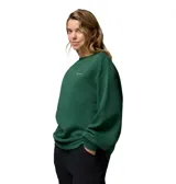 Buzo de cuello redondo color verde oscuro, con corte oversize y logo de la marca bordado en el pecho. Presenta puños y dobladillo acanalados.