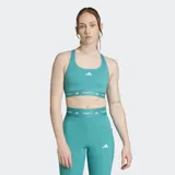 Top deportivo Adidas TECHFIT color verde con logo blanco y banda inferior con la inscripción "TECHFIT".