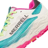 Championes de trail running Merrell modelo Agility Peak 6 para mujer, color blanco con detalles en celeste, fucsia y verde lima, con suela Vibram.