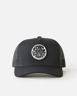 Gorro tipo trucker Rip Curl color negro, con panel frontal rígido, visera curva y parte trasera de red. Cuenta con un parche circular estampado en el frente con diseño gráfico y letras.