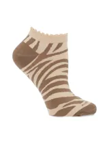 Medias cortas Hush Puppies con estampado animal print tipo cebra en tonos beige y marrón. Presentan un borde superior con detalle de ondas.