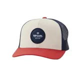Gorra Rip Curl modelo Routine Curve Trucker, con visera curva, paneles frontales color beige, paneles traseros de malla azul marino y logo de Rip Curl bordado en parche circular azul marino.