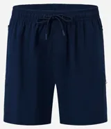 Bermuda deportiva gris oscuro, corte por encima de la rodilla, con cintura elástica y cordón de ajuste. Presenta bolsillos laterales con cierre.