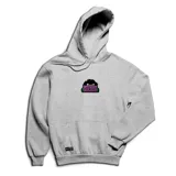 Canguro gris melange con capucha y cordones ajustables, bolsillo tipo canguro al frente y parche bordado con un diseño de monstruo y texto.