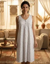 Camisón de algodón blanco, largo hasta la rodilla, sin mangas y con cuello en V abotonado. Presenta un estampado de finas rayas verticales azules y pequeñas formas de hojas azules dispersas.
