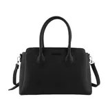 Cartera de mano tipo tote de la marca Las Oreiro, color negro con textura granulada. Presenta doble asa superior, correa ajustable y extraíble, y logo de la marca grabado en el frente.