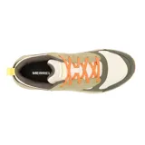 Championes de trekking Merrell Tempo Sol, combinando gamuza verde militar y malla en tonos beige y verde oscuro, con cordones naranjas y suela dentada marrón.