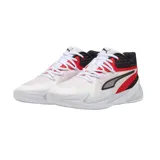 Championes de básquet Puma Dagger, diseño multicolor en blanco, rojo y negro, con suela blanca y detalles deportivos.