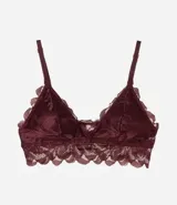 Soutien tipo bralette de encaje floral color bordó, con breteles finos ajustables y relleno triangular.