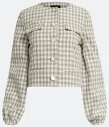 Campera de algodón con estampado cuadrille en tonos verde claro y blanco. Presenta cuello redondo, cierre frontal con botones, mangas largas con puños elásticos y bolsillos frontales tipo parche.