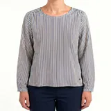 Blusa de manga larga con cuello redondo, confeccionada en tela con estampado de rayas verticales finas en tonos blanco y azul marino.