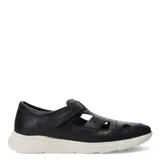 Sandalias de cuero color marrón con diseño calado en la parte superior, cierre de velcro lateral y suela de goma blanca.