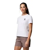 Remera de algodón orgánico blanca de manga corta, con cuello redondo acanalado y logo de la marca Columbia estampado en el pecho.
