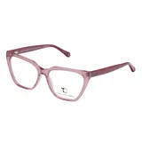 Armazón de anteojos Teresa Calandra modelo C42Z, de diseño estilo cat-eye en color rosa traslúcido. Fabricado en acetato de alta calidad con patillas reforzadas y detalle de logo en la unión.