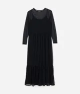 Vestido midi de breteles con sobreposición de tul texturizado de manga larga y volados en la parte baja.