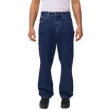 Pantalón de jean azul oscuro, corte recto, con bolsillos delanteros y traseros.