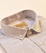 Camisa de vestir a rayas verticales azules y blancas, con cuello abotonado y corte clásico.