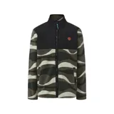 Campera polar con cierre frontal, cuello alto y diseño combinado. Presenta un panel superior liso en color negro y el resto de la prenda con un estampado de ondas en tonos verde, marrón y beige. Incluye bolsillos laterales y un parche decorativo en el pecho.