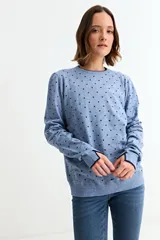 Sweater de punto fino color celeste claro, con cuello redondo y puños y ruedo en punto canalé. Presenta un estampado integral de pequeños corazones negros. Los puños tienen una abertura para el pulgar.