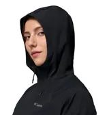Campera softshell híbrida Columbia, modelo Trailborne, color negro, con capucha, cierre frontal y bolsillos con cremallera. Incorpora tecnología Omni-Shield de repelencia al agua y a las manchas.