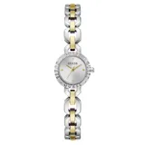 Reloj analógico Guess modelo Siren con caja y malla de acero inoxidable en tono bicolor plateado y dorado. Presenta esfera plateada con acabado sunray, bisel con grabado de la marca y detalles de cristales.