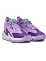 Championes de básquetbol Under Armour Curry 3Z 25 SDE, con diseño en tonos violeta y detalles en verde lima. Presentan una combinación de cuero y malla en la parte superior, entresuela Charged Cushioning para mayor reactividad y suela de goma con patrón de tracción anatómico.
