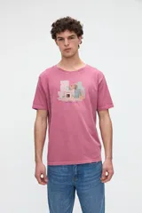 Remera de algodón jersey lavada color rosado con efecto desteñido, de manga corta y calce clásico. Presenta un estampado gráfico central con motivos arquitectónicos y texto descriptivo pequeño.