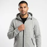 Campera gris melange con capucha y cierre frontal, con bolsillos laterales con cierre y logo bordado en el pecho.