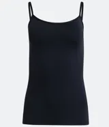 Musculosa negra de tirantes finos, confeccionada en poliamida y elastano.