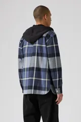 Camisa de franela a cuadros en tonos azul, gris y blanco, con capucha negra y cordones ajustables. Presenta dos bolsillos frontales con solapa y botones, y cierre de botones en el frente.