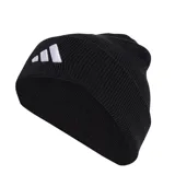 Gorro tipo beanie de punto acanalado, color negro, con vuelta y logo de Adidas bordado en blanco en la parte frontal.