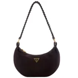 Cartera tipo hobo de cuero legítimo color marrón oscuro (espresso), con forma curva y cierre superior de cremallera. Presenta un logo triangular de Guess en metal dorado en el frente y una correa de hombro trenzada del mismo material.