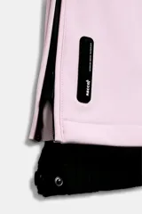 Pantalón de esquí rosa con corte flare, tiro alto, bolsillos frontales con cremallera y bajos con cremallera y aplicación de parche técnico.