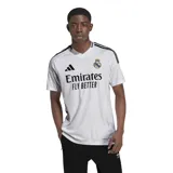 Camiseta de fútbol Adidas del Real Madrid, color blanco con detalles en negro.