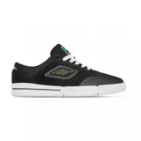 Championes de skate Emerica modelo Phocus G6, color negro con detalles en blanco y amarillo. Presentan una construcción resistente con puntera reforzada, suela de goma blanca y cordones blancos.