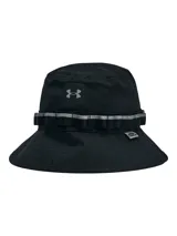 Gorro tipo bucket Under Armour con tecnología ArmourVent para mayor transpirabilidad y banda interna Iso-Chill para disipar el calor. Presenta un diseño en color negro con textura cuadriculada, cinta decorativa con detalles reflectantes y logo de la marca en el frente.