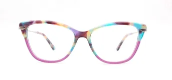 Armazón para anteojos Triveo modelo 204/53 col 02, con forma de ojo de gato, marco superior multicolor y marco inferior color lila.
