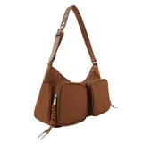 Cartera tipo bandolera color marrón, con dos bolsillos frontales externos, correa ajustable y cierre superior. Presenta el logo de la marca grabado en el frente y detalles de cordones laterales.