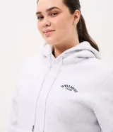 Buzo deportivo con capucha gris melange, con cordones ajustables blancos, bolsillo tipo canguro y pequeño estampado tipográfico en el pecho con la inscripción 'Wellness Club'.