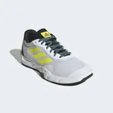 Championes de entrenamiento Adidas modelo Amplimove Trainer, color blanco con las tres tiras características en amarillo flúor y detalles en negro. Cuentan con un exterior de malla transpirable sin costuras, refuerzos de TPU para soporte lateral, mediasuela de EVA esculpida para amortiguación y suela de caucho.