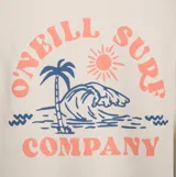 Buzo de cuello redondo O'Neill, color beige, con diseño holgado y estampa frontal pequeña en color naranja.