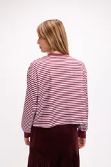 Remera de manga larga con diseño de rayas horizontales en color rojo y rosado, cuello redondo y puños elásticos en color rosado.