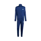 Conjunto deportivo Adidas Dayready Basic de tres tiras, color azul, compuesto por una campera de cierre frontal con cuello alto y un pantalón de jogging con bolsillos. Ambos elementos cuentan con las icónicas tres líneas blancas de la marca en los laterales y el logo estampado en el pecho y la pierna.