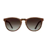 Lentes de sol Indie modelo Volcano, con armazón de madera color nogal y lentes polarizados grises degradé.