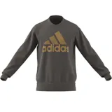 Buzo gris Adidas Essentials de felpa suave, con cuello redondo, puños y dobladillo acanalados, y logo grande de Adidas color dorado en el pecho.