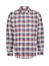 Camisa de franela de manga larga RKF, modelo Flannel, con estampado de cuadros en tonos azul navy, rojo y blanco, cuello camisero, cierre frontal con botones y bolsillo en el pecho.