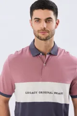 Remera polo de manga corta con diseño en bloques de color en tonos azul marino, blanco y verde militar, con bordado frontal y cierre de botones.
