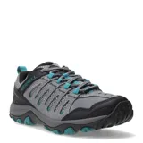 Championes de trekking Merrell Crosslander 3, color gris con detalles en negro y turquesa. Confeccionados en cuero de gamuza y malla transpirable, cuentan con tecnología Air Cushion en el talón para mayor estabilidad y absorción de impactos, además de una suela de goma resistente para terrenos irregulares.