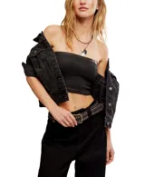 Top tipo bandeau de color negro, confeccionado en tejido de punto acanalado con acabado foil. Presenta un diseño strapless de silueta ajustada y largo crop.